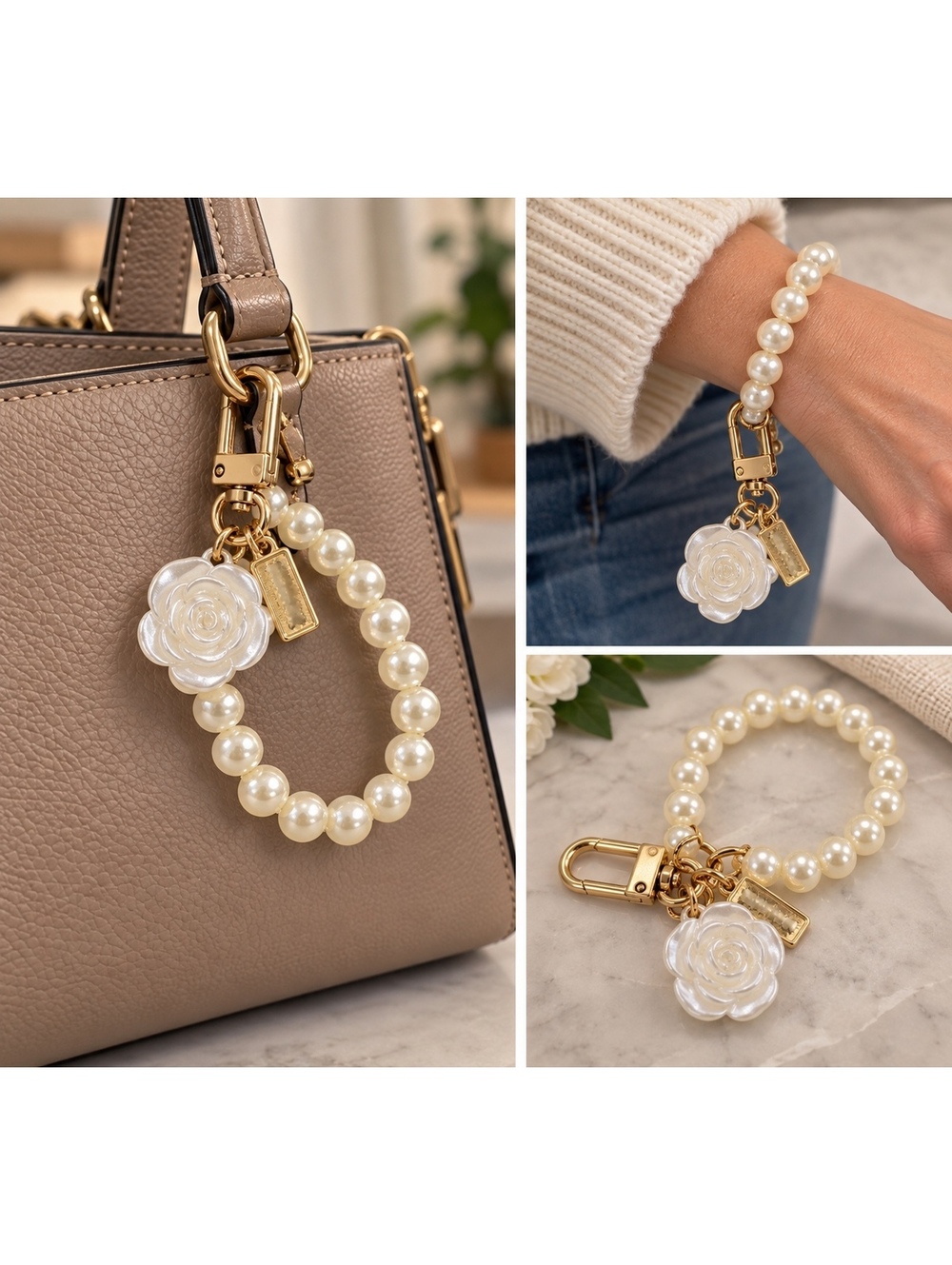 Pearl Beaded Charm Bracelet with White Rose and Gold Tag